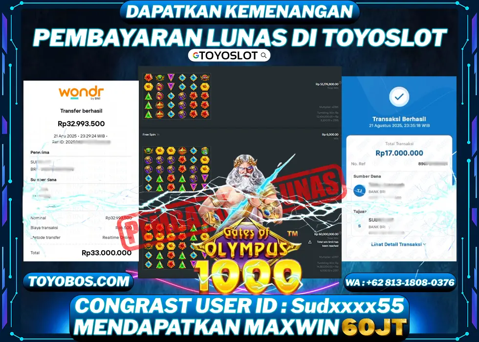 TOYOSLOT - BUKTI KEMENANGAN Gates Of Olympus x1000 Rp60,000,000,- LUNAS
